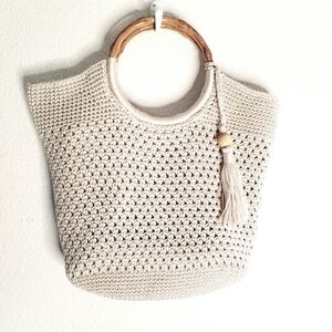 Studio Collection Macrame Bag Plastic Bamboo Circular Handles Magnetic Snap